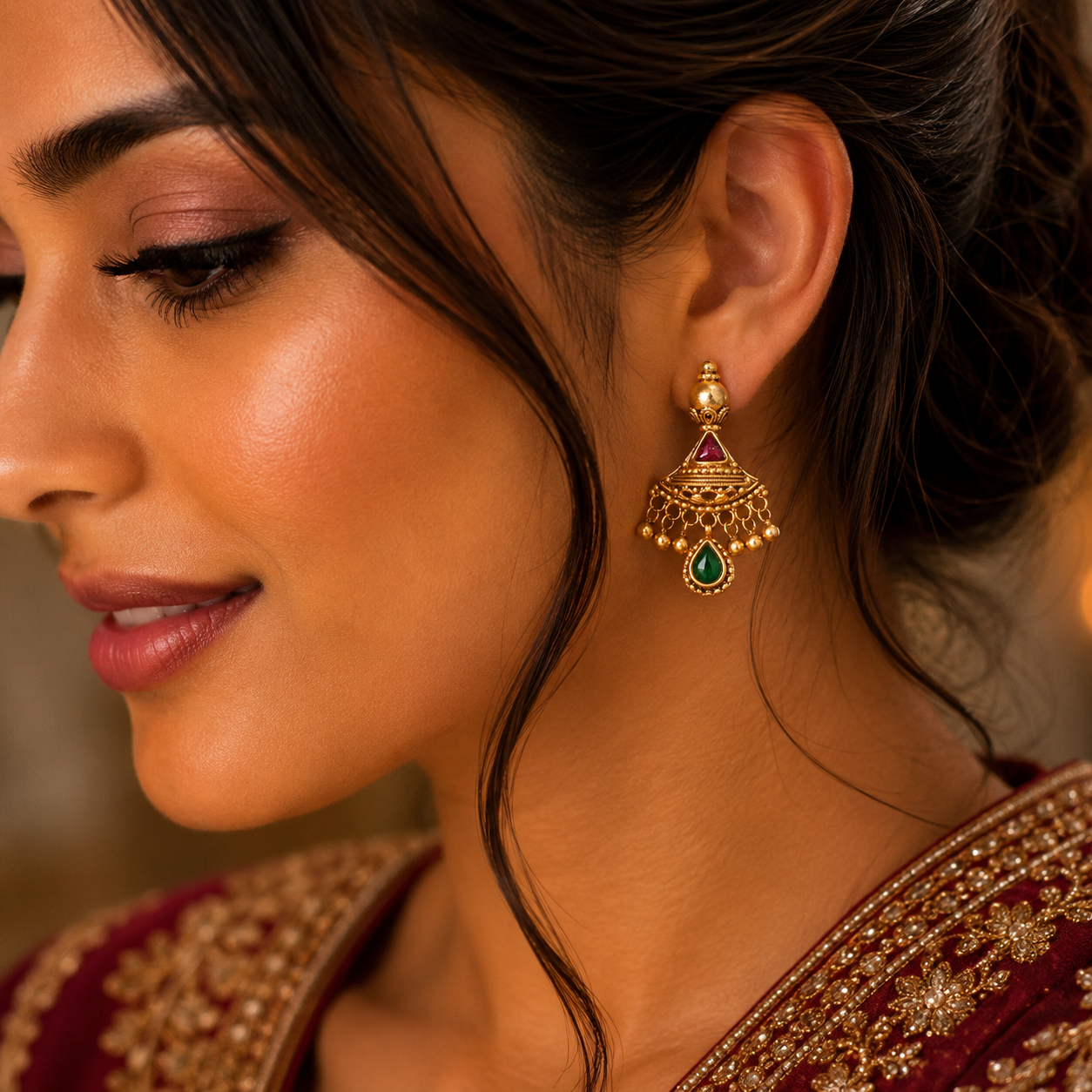 Traditional Gold Earrings with Green Stone