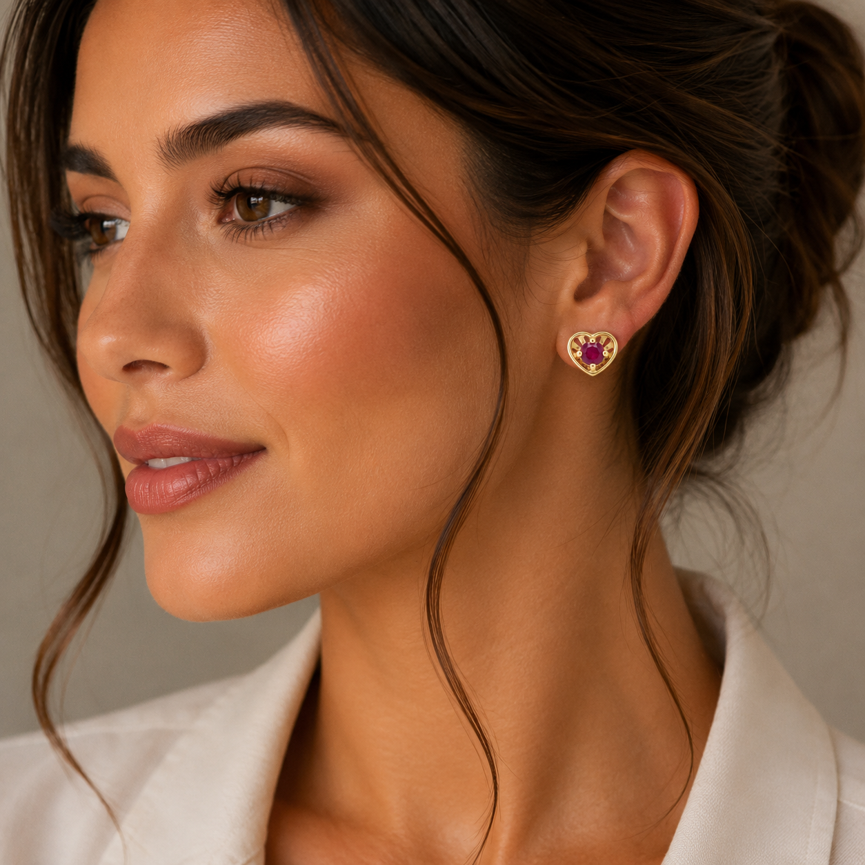 22KT Gold Heart Shape Stud Earrings with Red Stone