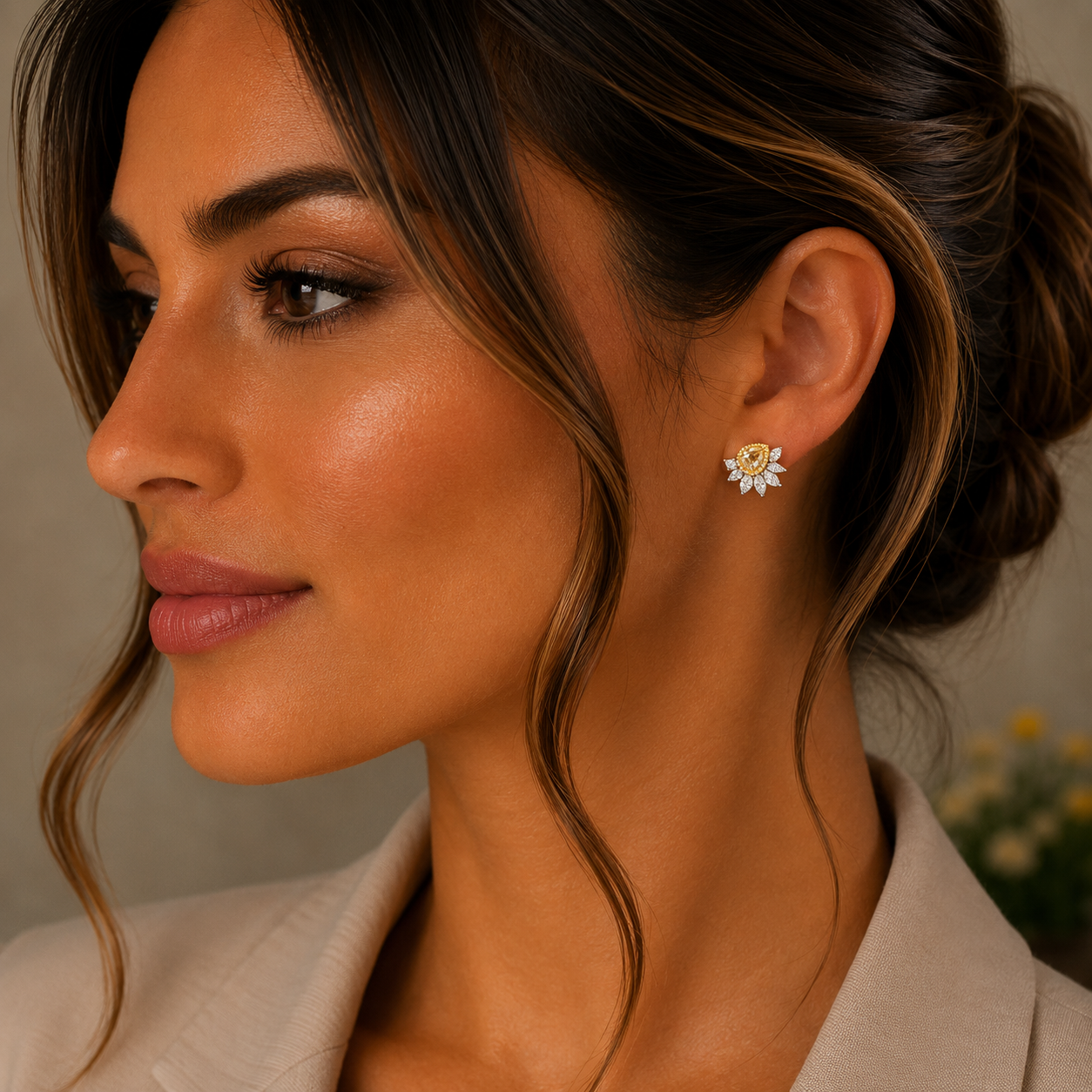 Yellow & White Diamond Leaf Stud Earrings