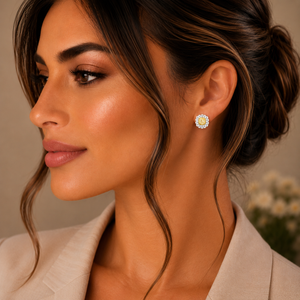Yellow & White Diamond Halo Stud Earrings
