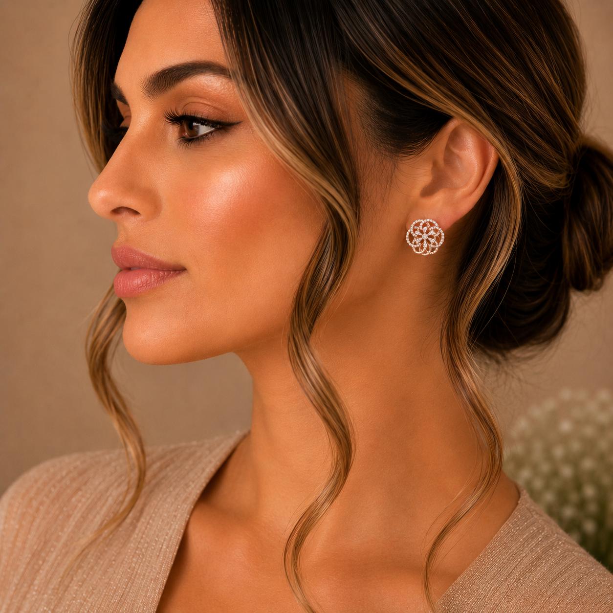Floral Diamond Stud Earrings in Gold