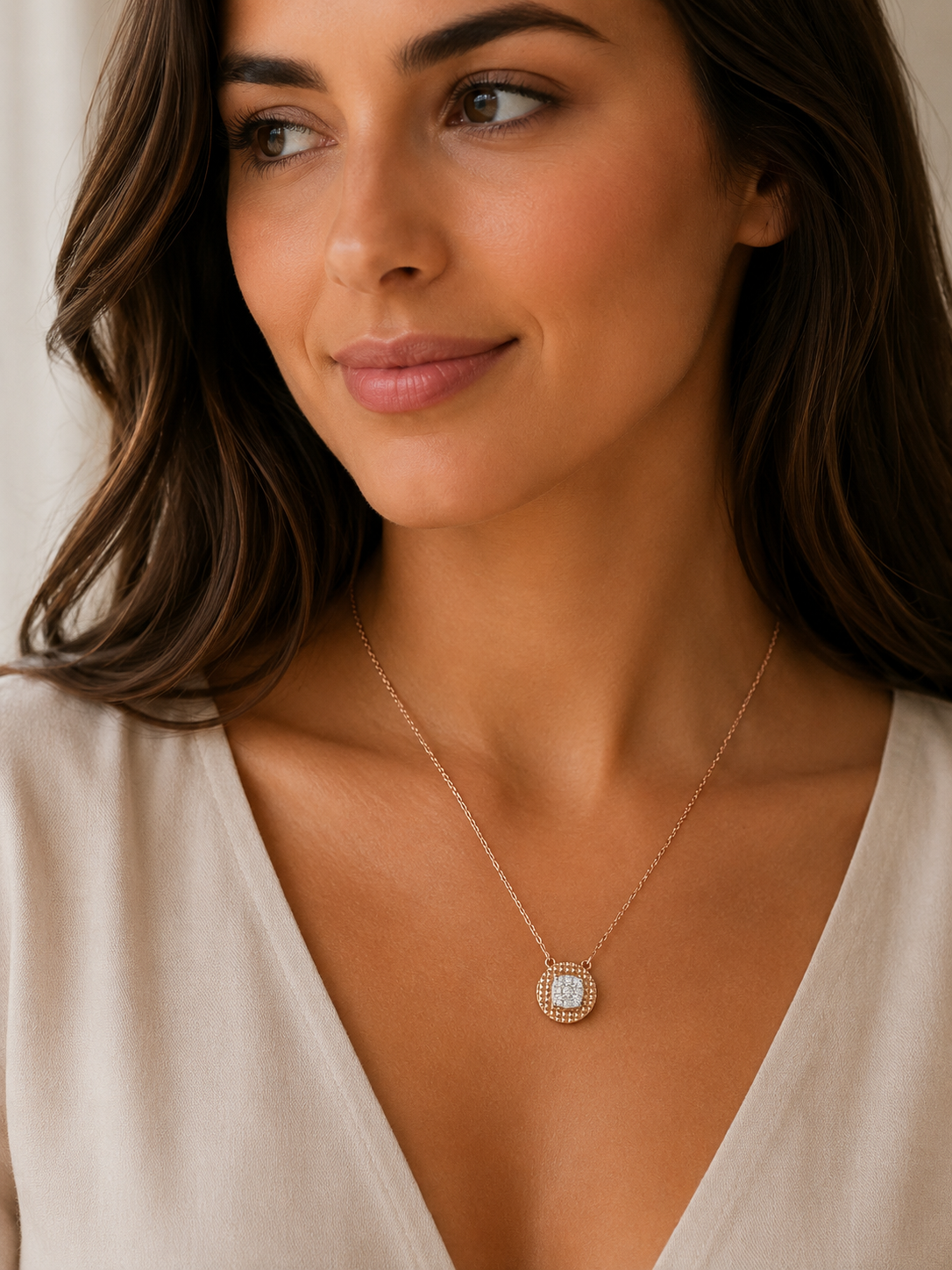 18KT Rose Gold Diamond Textured Circle Pendant Necklace