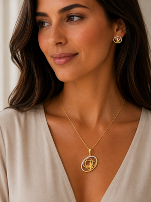 22K Gold Modern Circle Pendant Set with CZ Stones