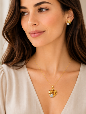 22K Gold Heart Pendant Set with CZ Stones | Minimal Everyday Heart Design Earrings & Pendant