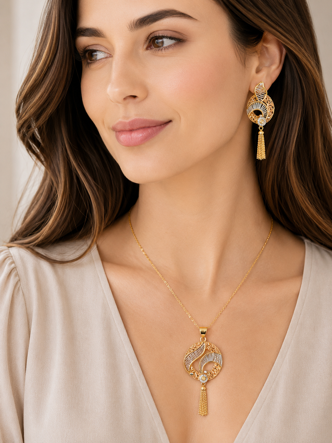 22K Gold Rose-Gold Textured Pendant Set with Tassels