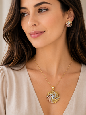 22K Tricolour Gold Round Pendant Set | Spiral Swirl Design Pendant with Matching Earrings