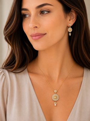 22K Gold Pearl Beaded Floral Pendant Set