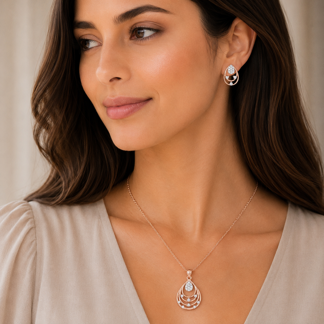 Layered Diamond Necklace Set in Rose Gold | Elegant Jewellery
