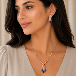 18KT Gold Diamond Necklace Set with Blue Stone Drops