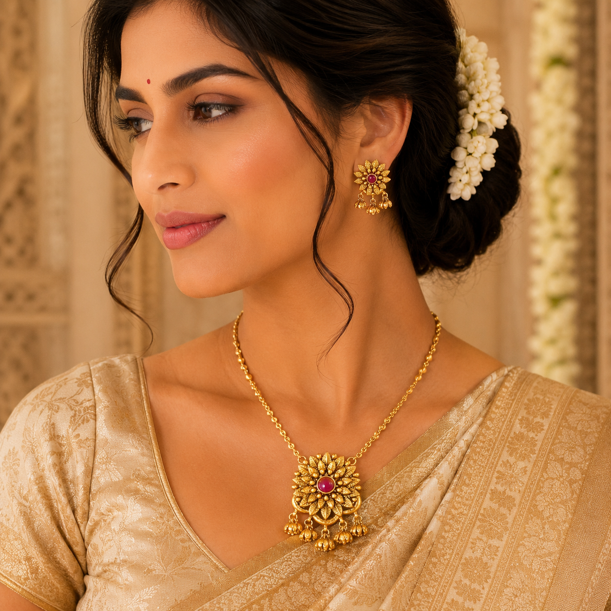 Antique Gold Floral Necklace Set with Ruby Stone