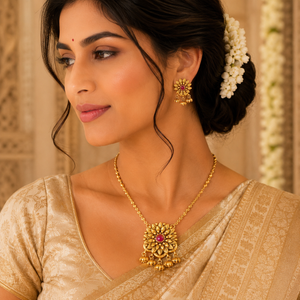 Antique Gold Floral Necklace Set with Ruby Stone