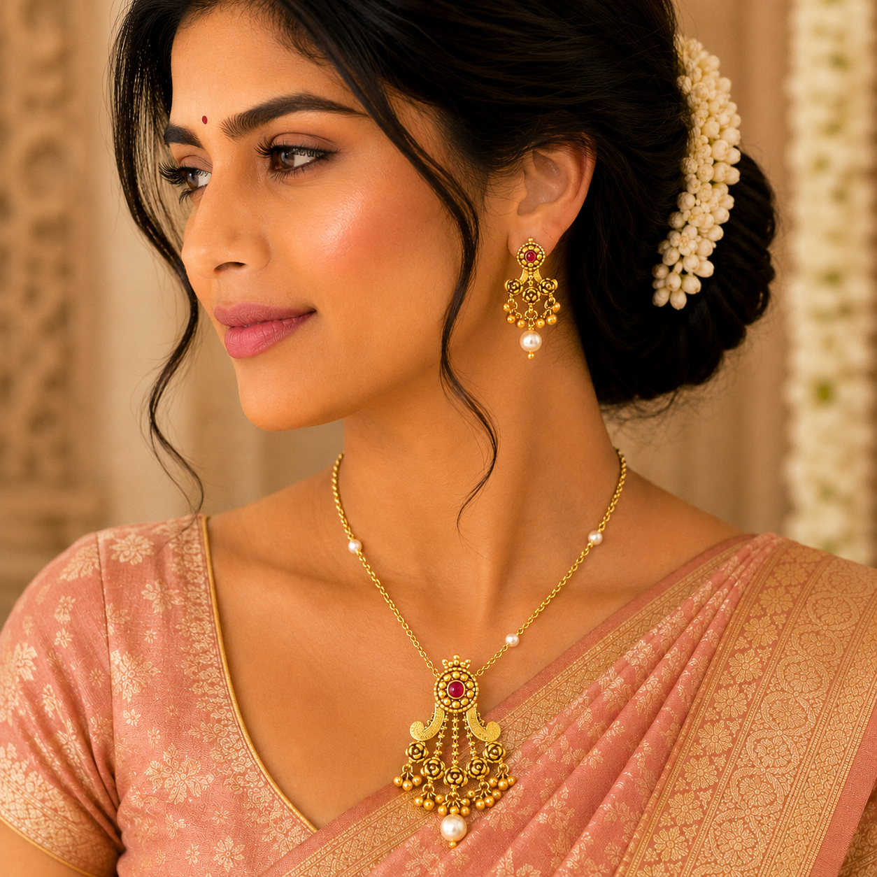 Antique Gold Necklace Set with Pearl Drops | Traditional Nakshi Pendant & Earrings
