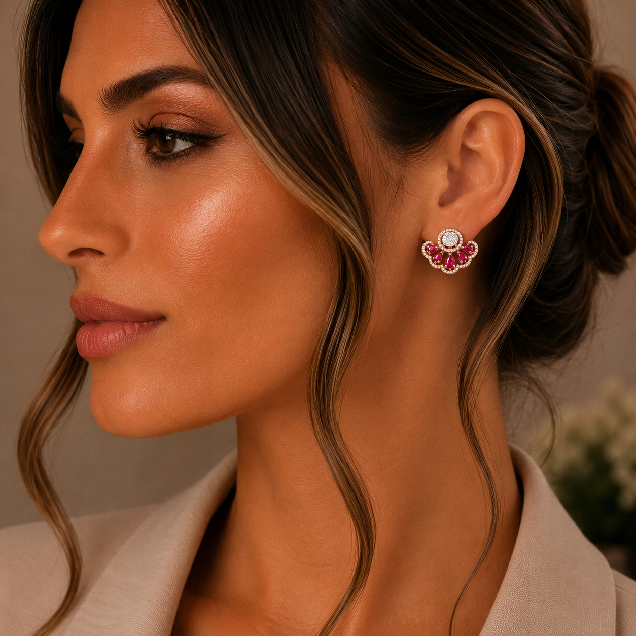 Diamond and Ruby Stud Earrings for Women