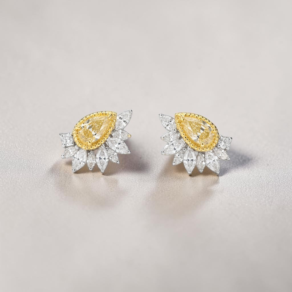 Yellow & White Diamond Leaf Stud Earrings