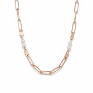 Designer Rose Gold Necklace | Elongated Links & Pearl Combo