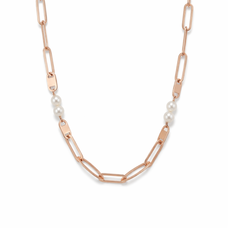 Designer Rose Gold Necklace | Elongated Links & Pearl Combo