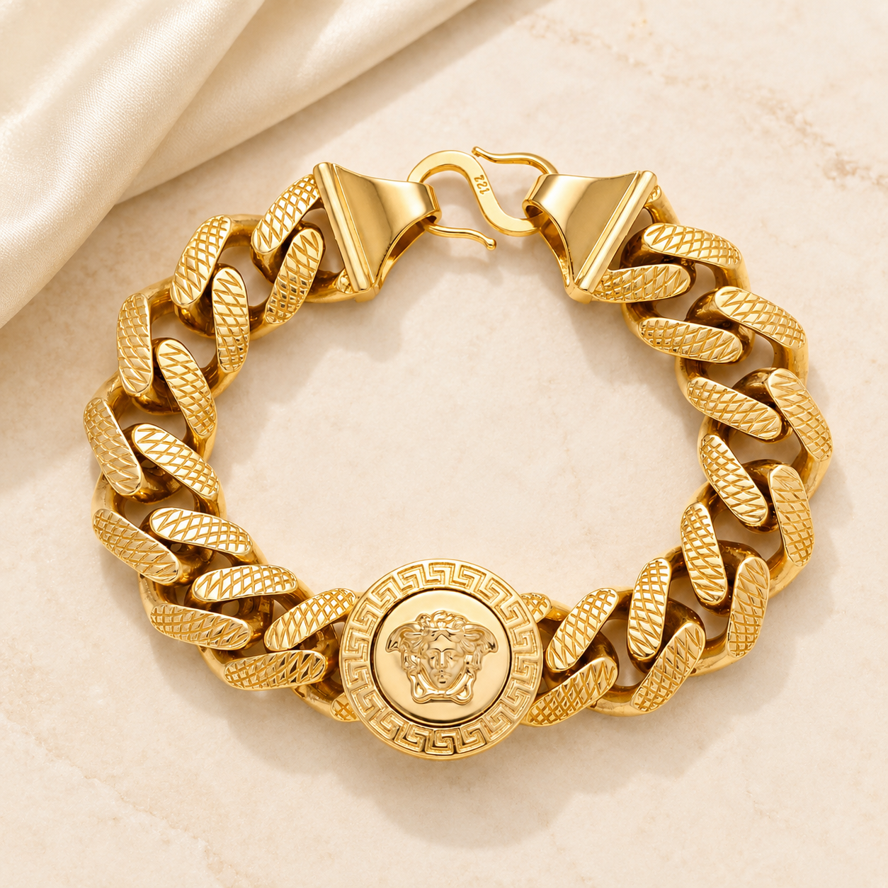 22K Gold Heavy Link Bracelet for Men | Iconic Medallion Design