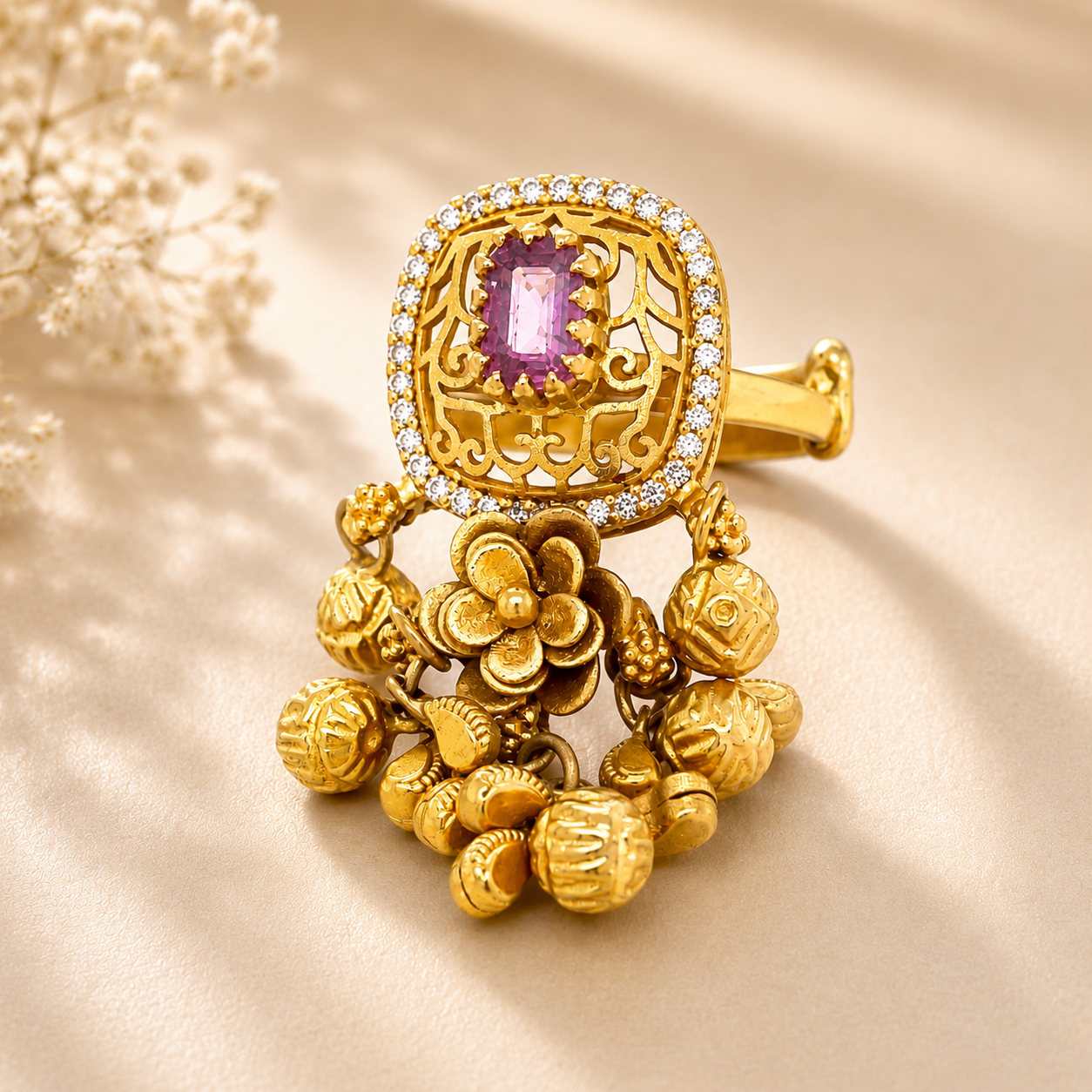 22KT Antique Gold Jhumka Ring with Pink Stone