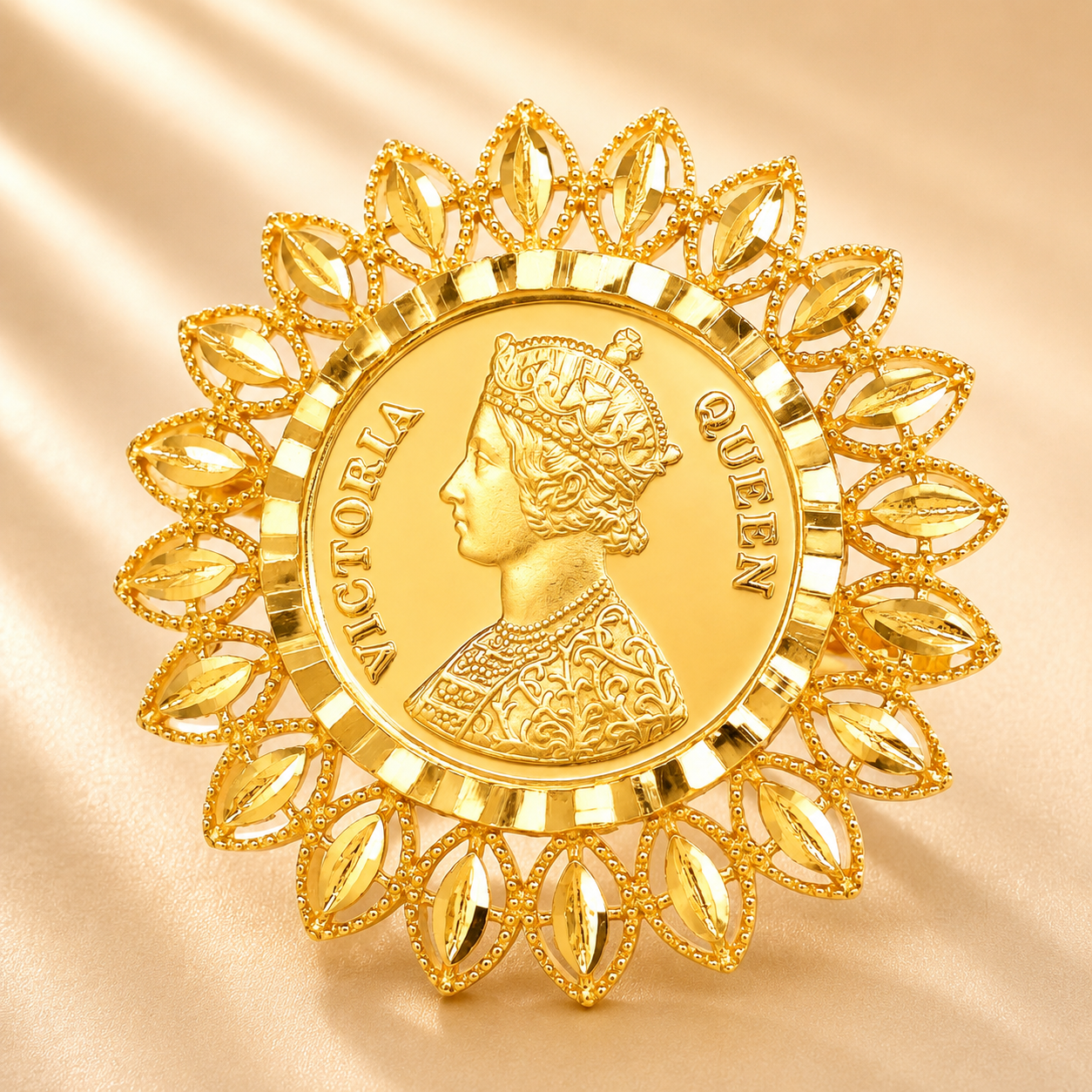 22KT Traditional Gold Coin Ring | Antique Floral Design