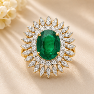Emerald Diamond Halo Ring Gold Floral Design