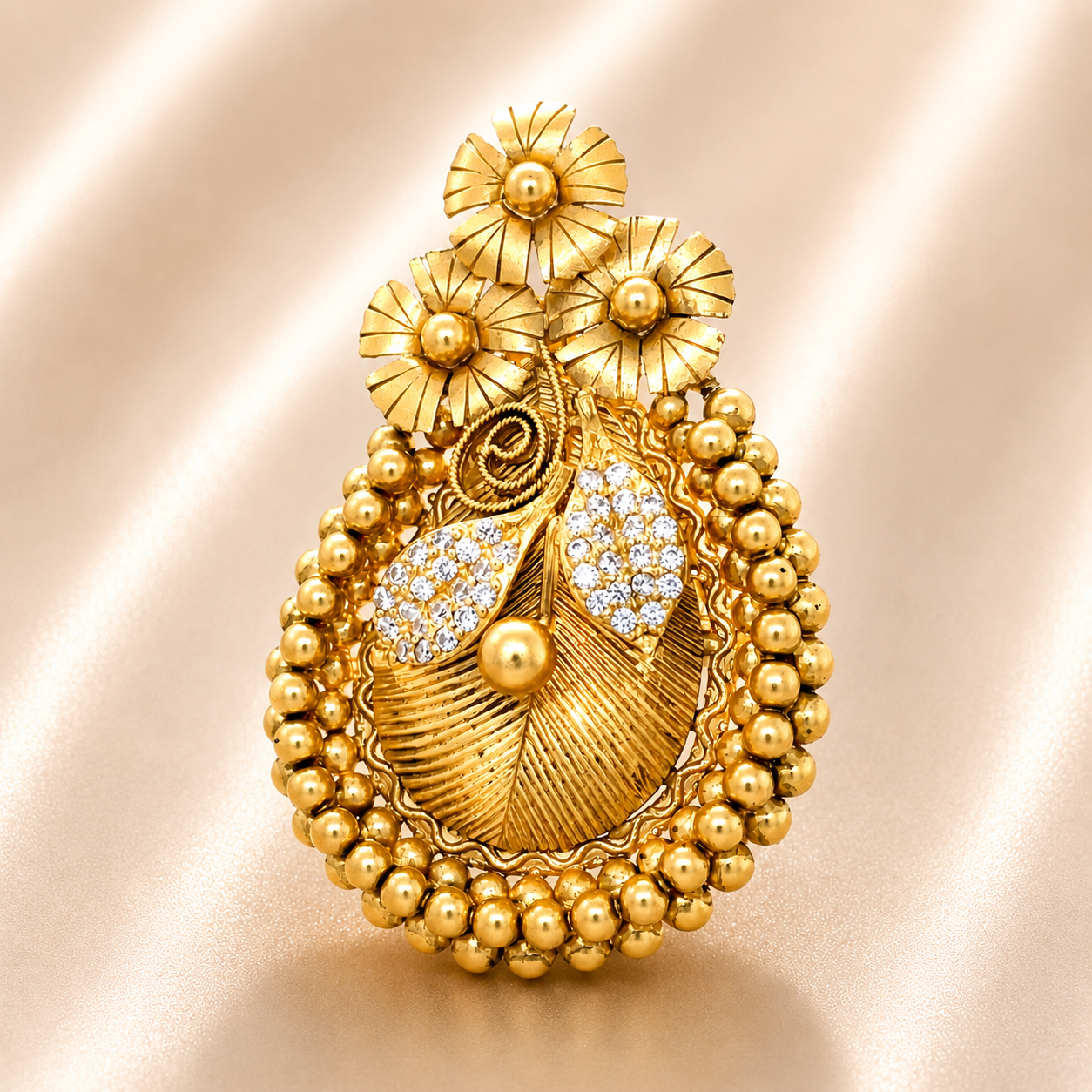 22KT Antique Gold Peacock Ring with Beaded Border