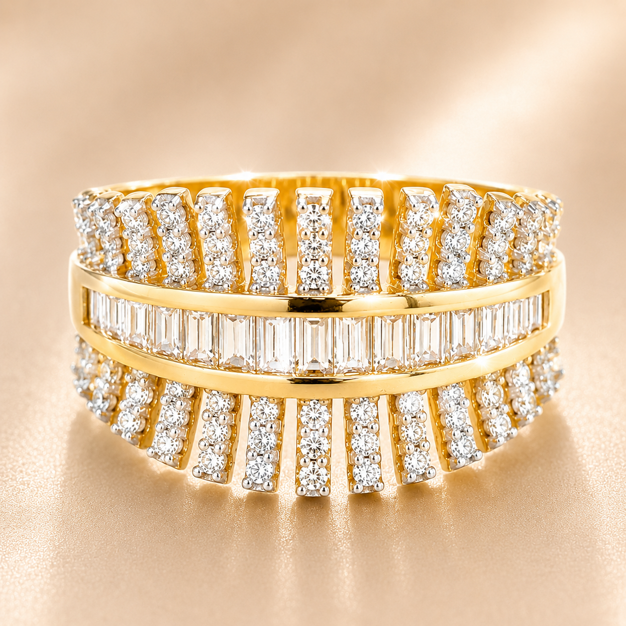 22KT Gold Multi-Row CZ Band Ring | Designer Layered Style