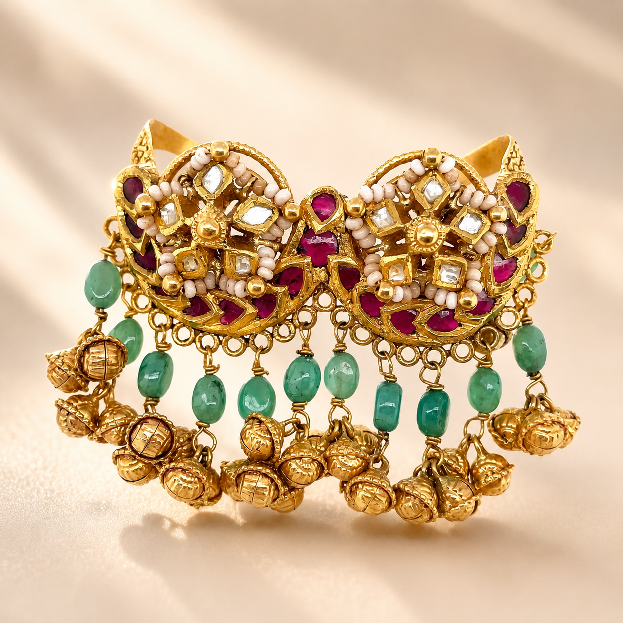 22KT South Indian Two-Finger Ring | Ruby Kundan & Ghungroo