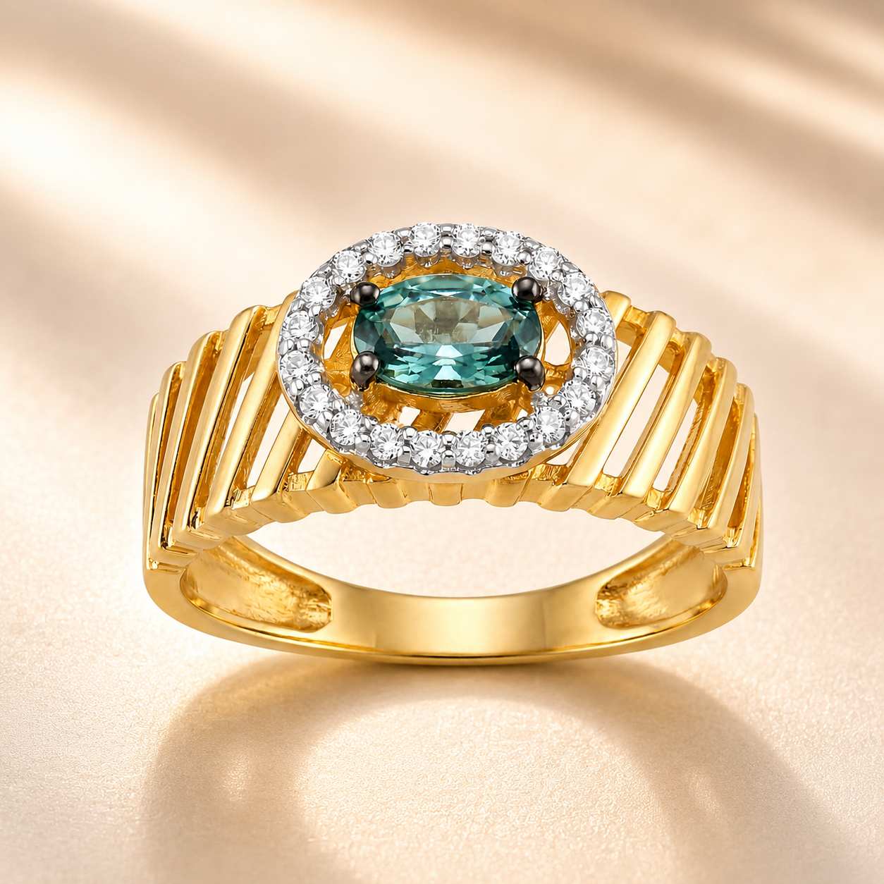 22KT Designer Gold Ring | Ribbed Band with Halo Setting