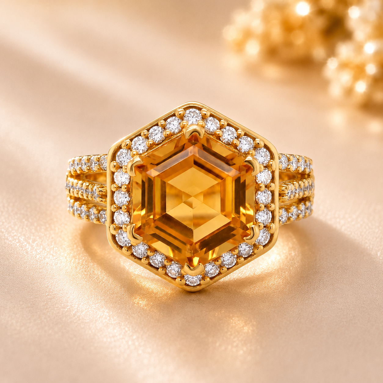 22KT Gold Cocktail Ring | Hexagon Yellow Stone Design