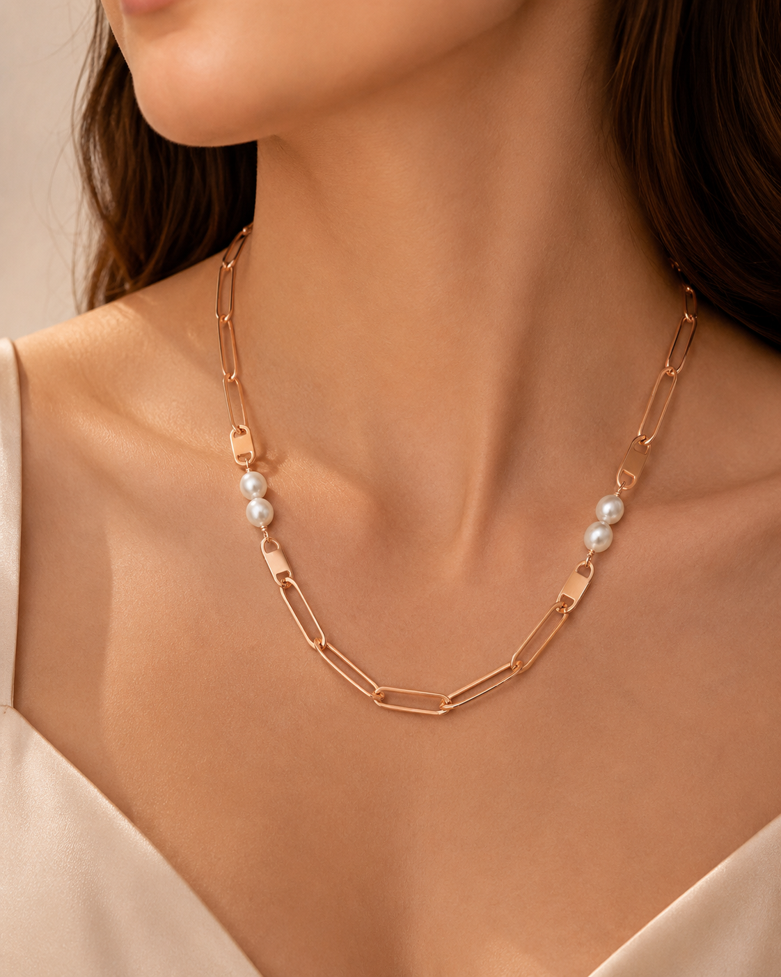 Designer Rose Gold Necklace | Elongated Links & Pearl Combo