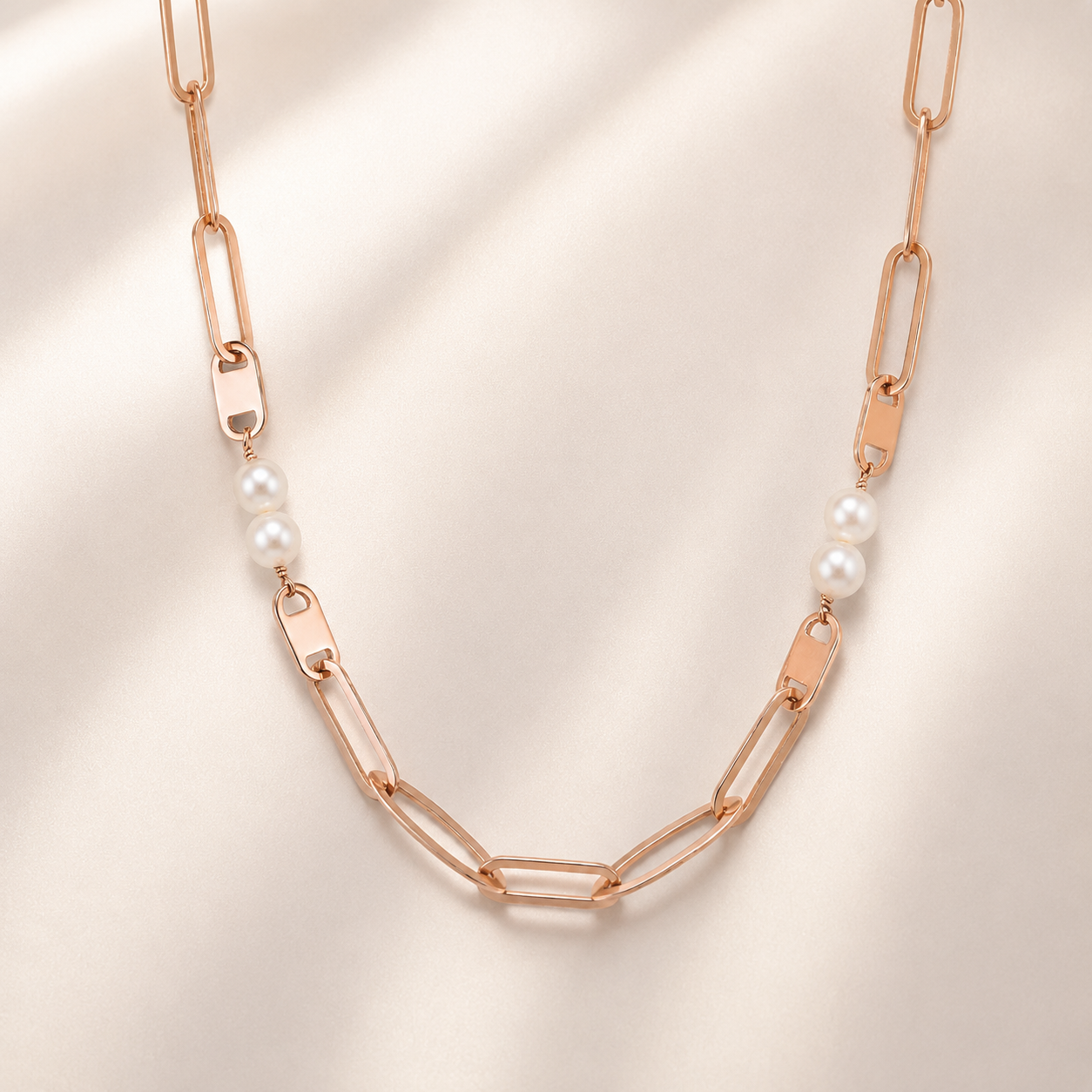Designer Rose Gold Necklace | Elongated Links & Pearl Combo
