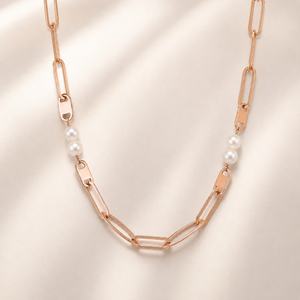 Designer Rose Gold Necklace | Elongated Links & Pearl Combo
