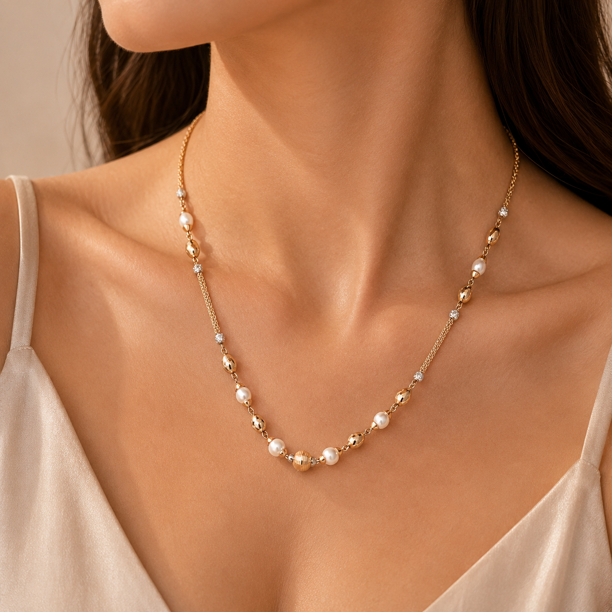 Designer Gold Bead & Pearl Chain | Stylish Pattern