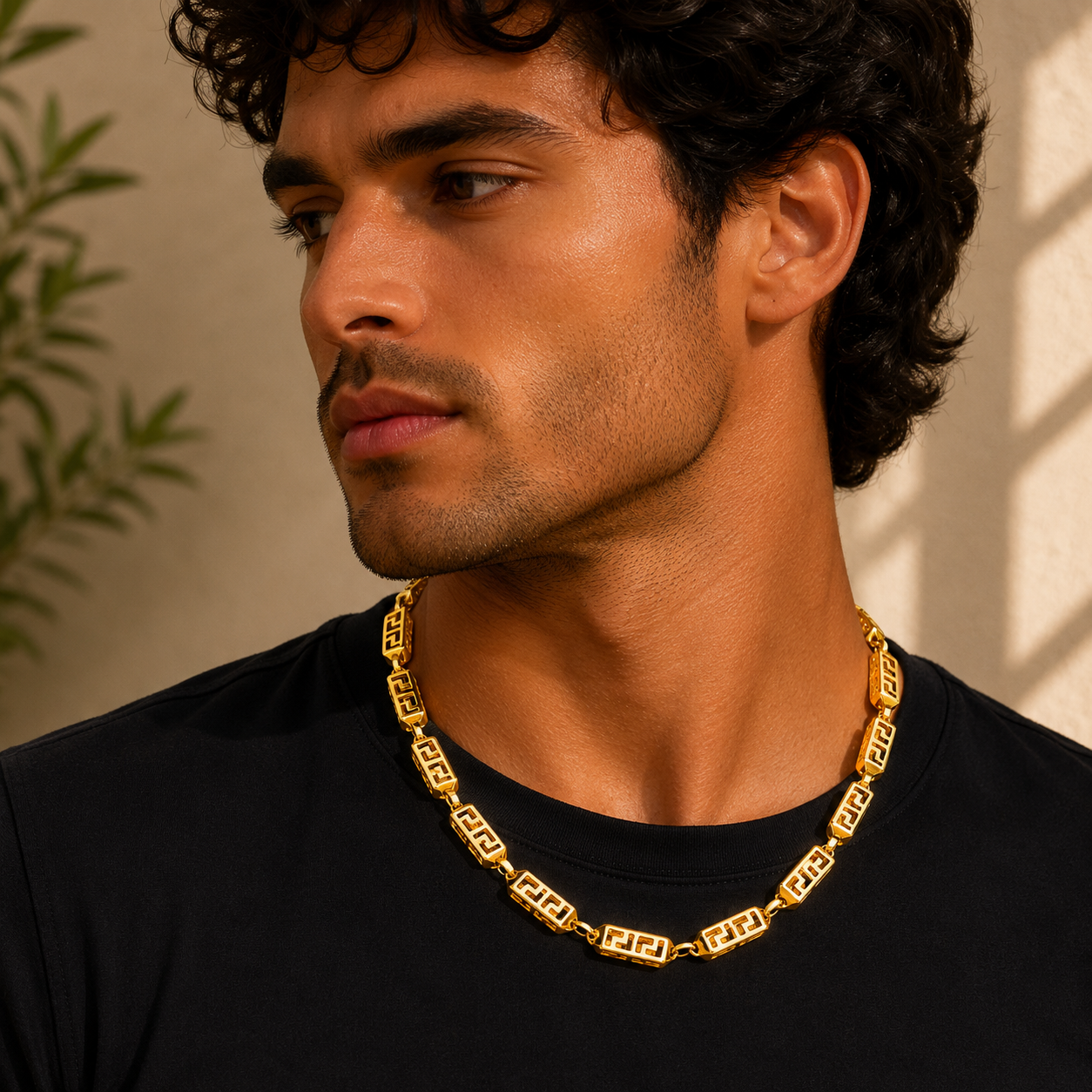 22K Gold Greek Motif Barrel Link Chain
