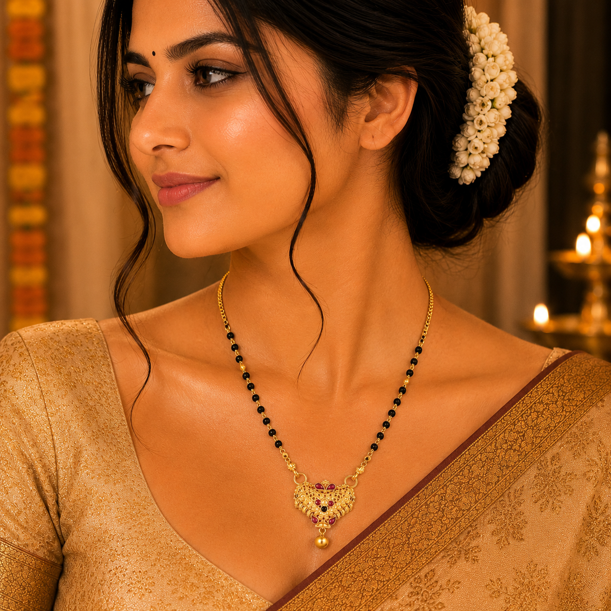 Gold Mangalsutra with Black Beads & Ruby Pendant