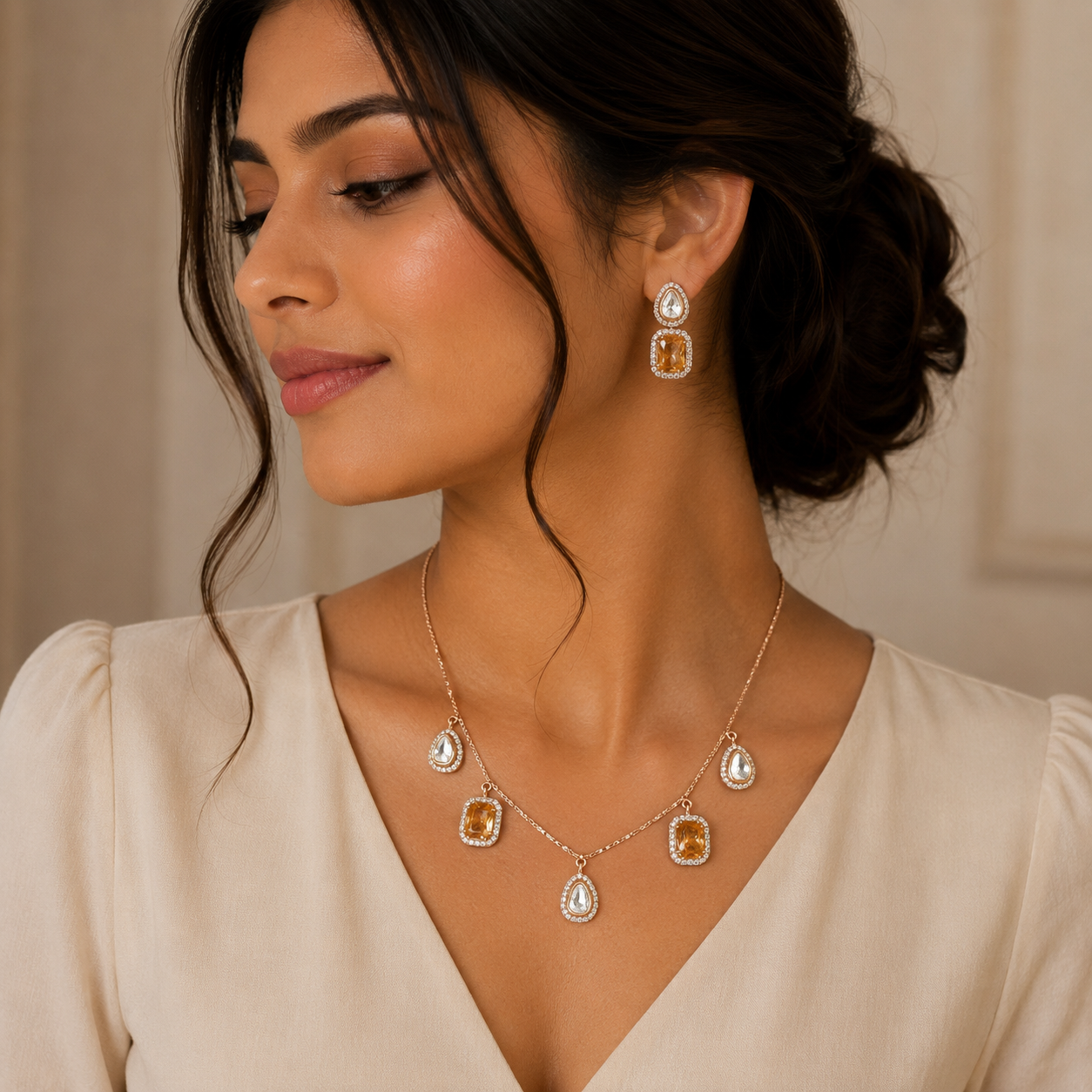 Designer Pendant Set with Dual Stone Drops & Earrings