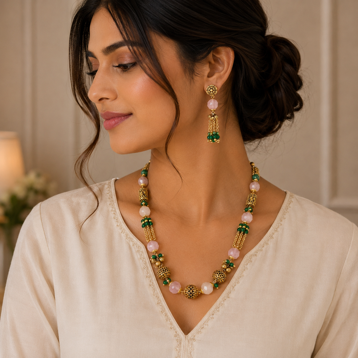 Antique Gold Multi-Color Beaded Necklace Set
