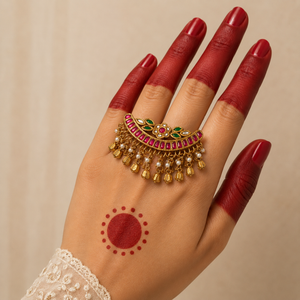 22KT Antique Gold Jadau Ring -Pink & Green Stone Work