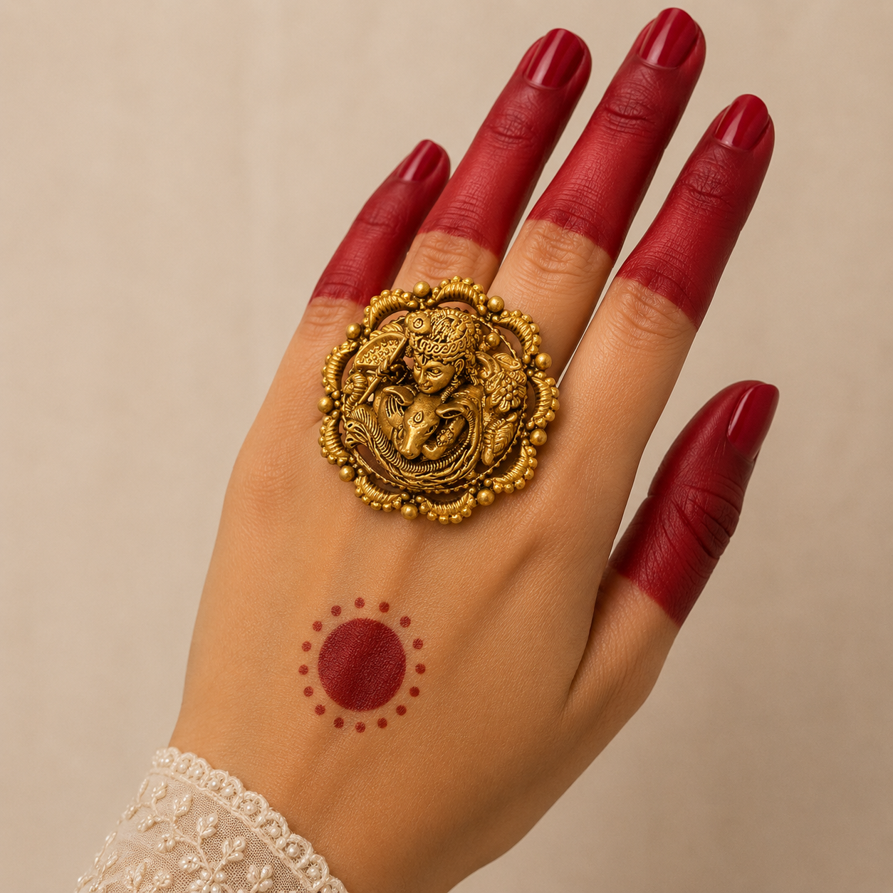22KT Antique Gold Krishna Ring - Temple Jewellery Design