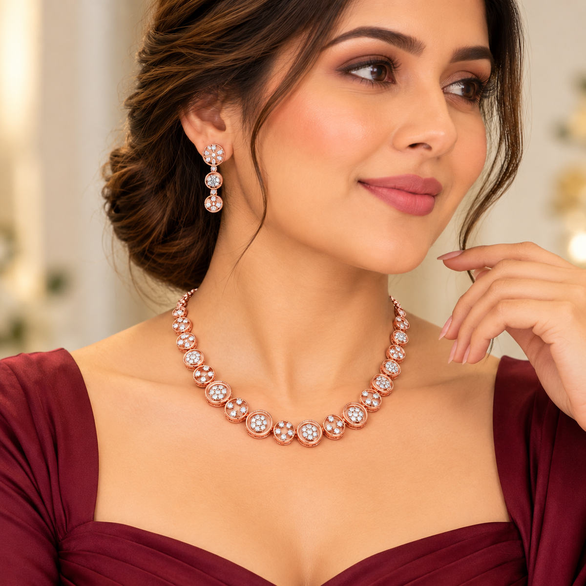 Elegant Floral Diamond Necklace Set with Matching Earrings