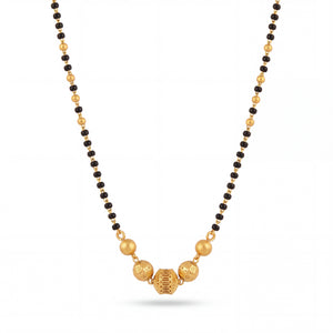 legant gold mangalsutra featuring black bead strands, handcrafted gold bead centerpiece, and timeless traditional design for daily wear and special occasions.