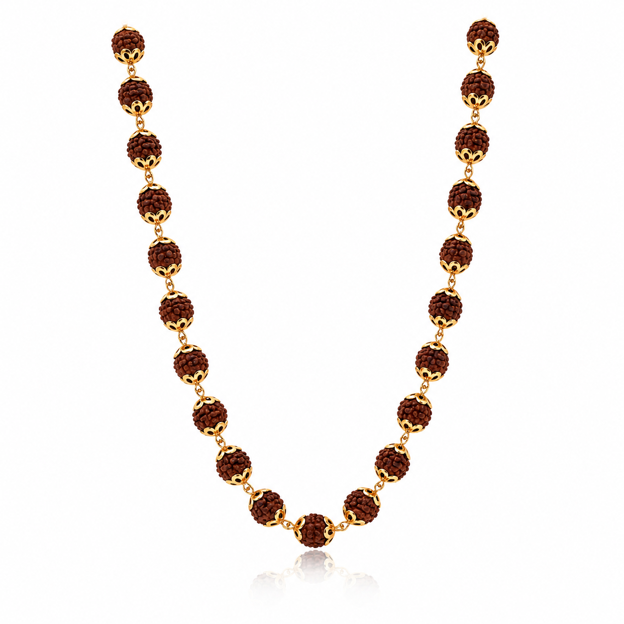 Traditional gold necklace featuring evenly spaced textured Rudraksha beads with delicate gold connectors and ornate bead caps, arranged in an elegant long necklace design.