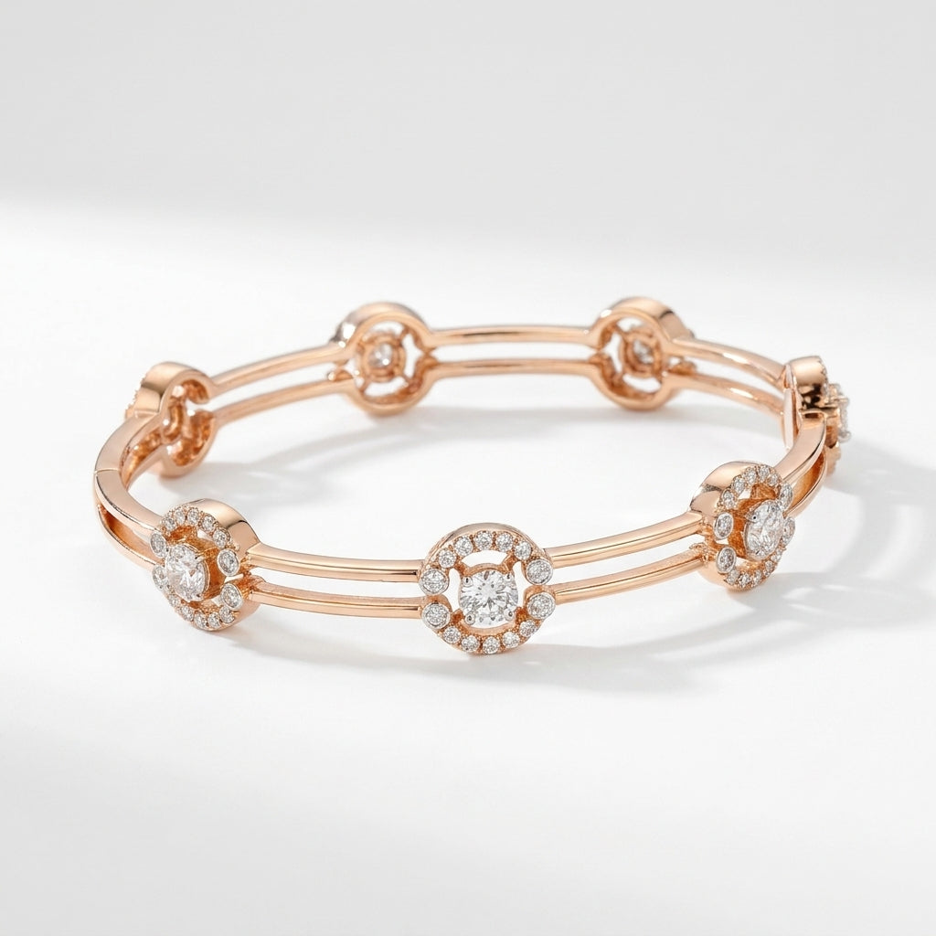 18KT Rose Gold Halo Diamond Station Bangle