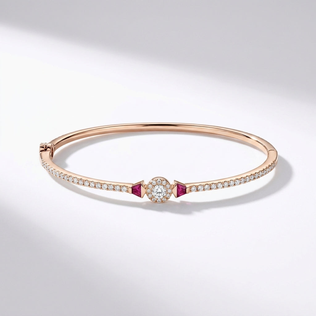 18KT Rose Gold Ruby Halo Diamond Bangle