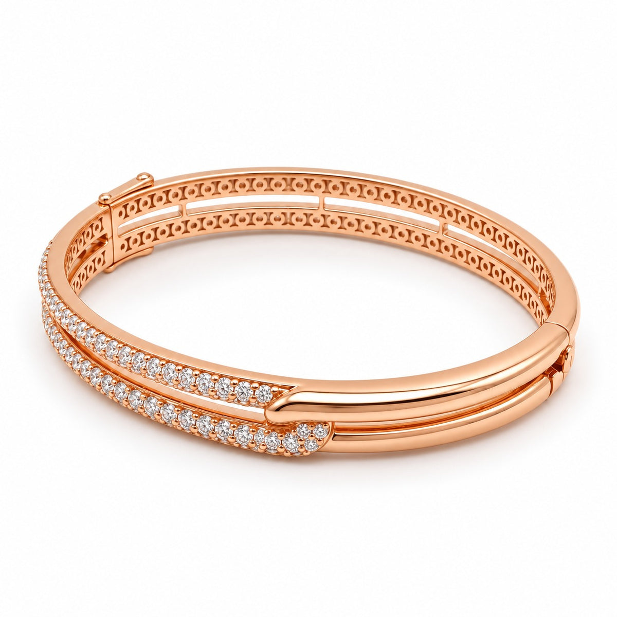 18KT Rose Gold Dual-Row Pavé Diamond Bypass Bangle Bracelet