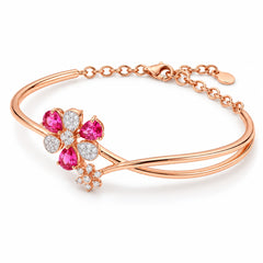 18KT Rose Gold Floral Diamond & Ruby Gemstone Chain Bracelet