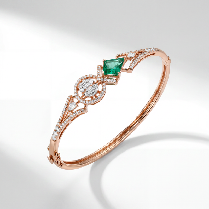 18KT Rose Gold Emerald Halo Diamond Bracelet