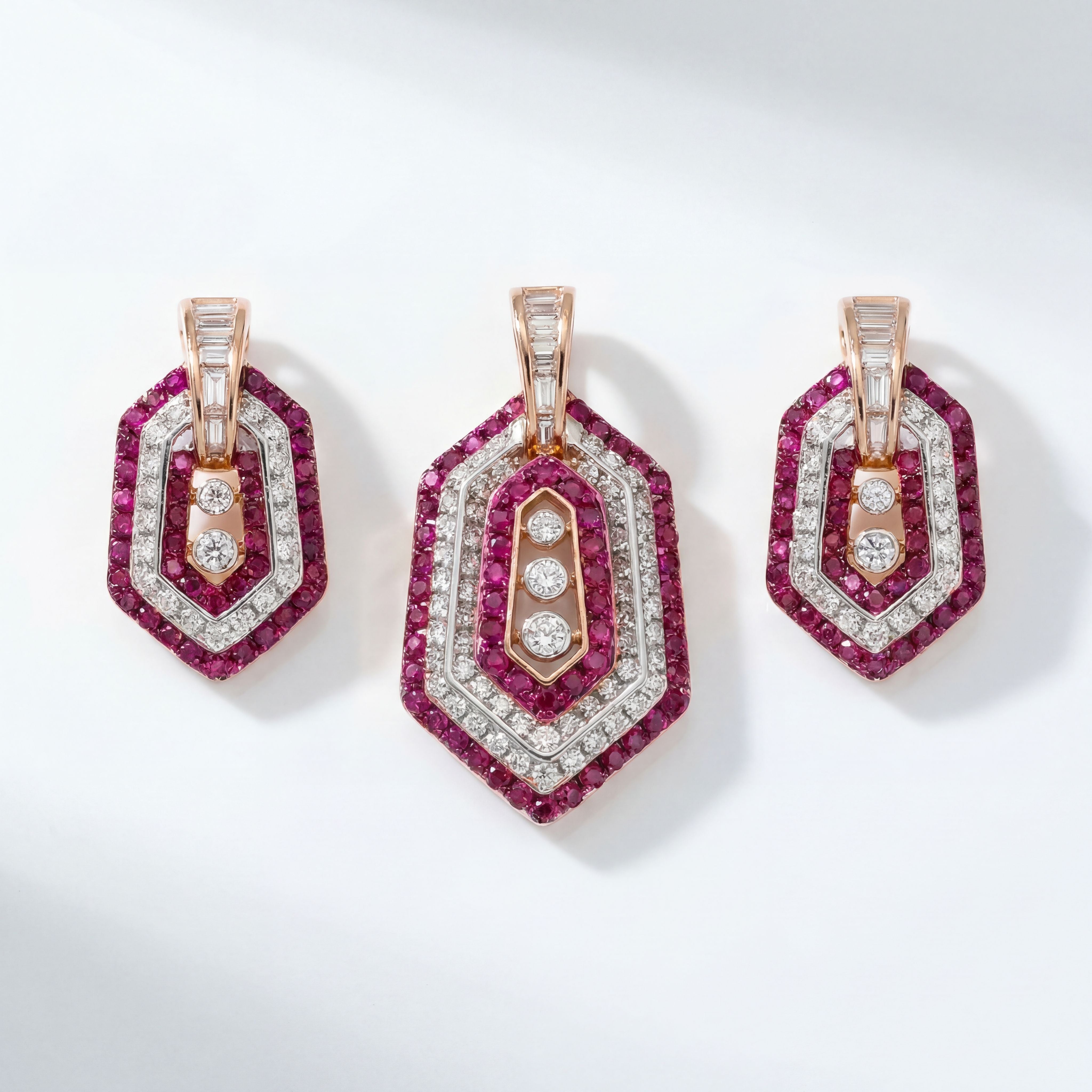 18K Rose Gold Ruby & Diamond Geometric Pendant Set