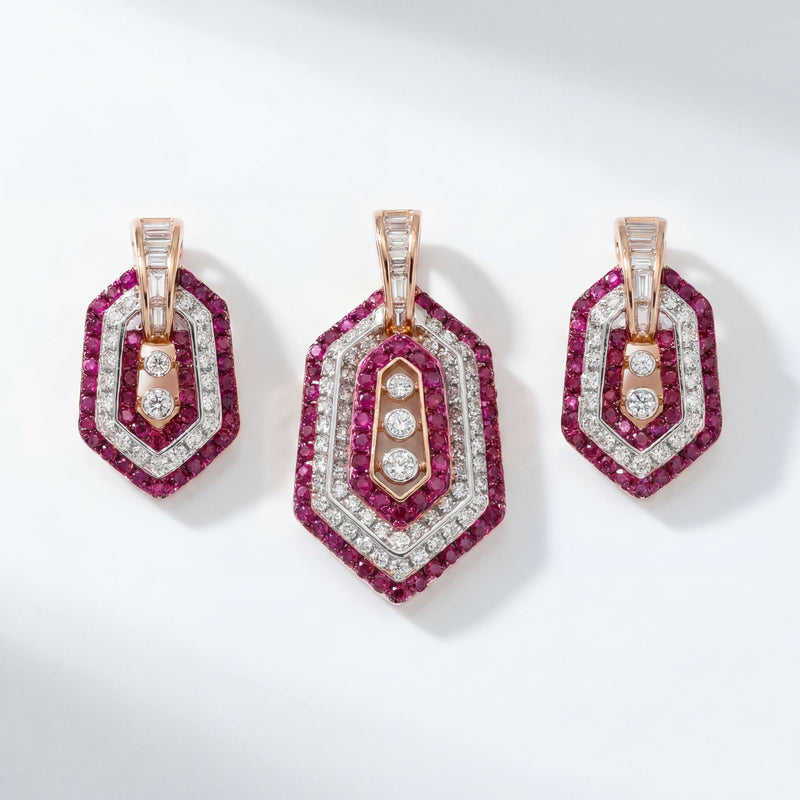 18K Rose Gold Ruby & Diamond Geometric Pendant Set