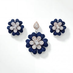 18K Blue Sapphire & Diamond Floral Pendant Set